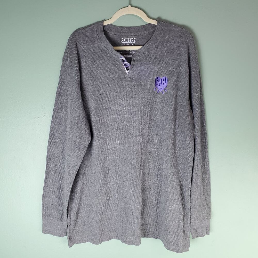 Twitch Men's Purple Embroidered Heart Thermal Henley Long Sleeve Top Gray 2X